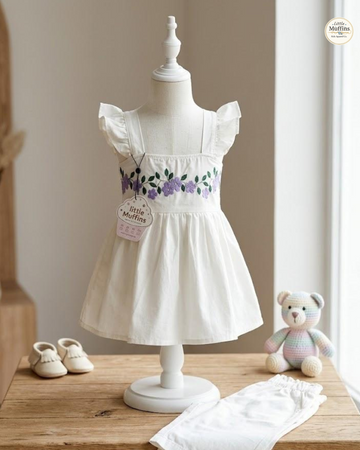 Embroidered Floral Dress | Flutter Sleeve Frock | Soft Pleated A-Line Knee Length