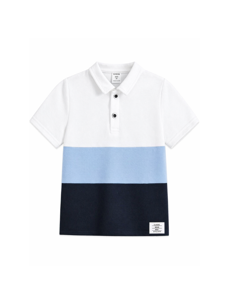 Color-blocked polo shirt with white, blue, and navy sections on a white background
