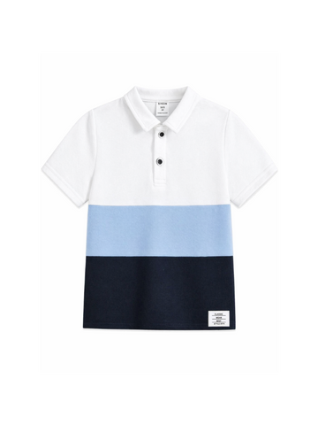 Color-blocked polo shirt with white, blue, and navy sections on a white background